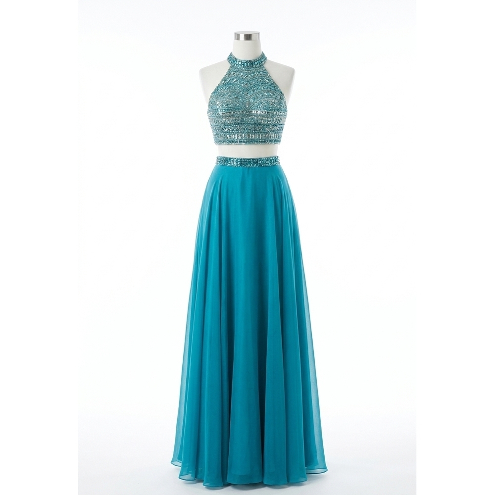 NEW SHERRI HILL 2 piece beaded halter crop top and chiffon skirt set in jade